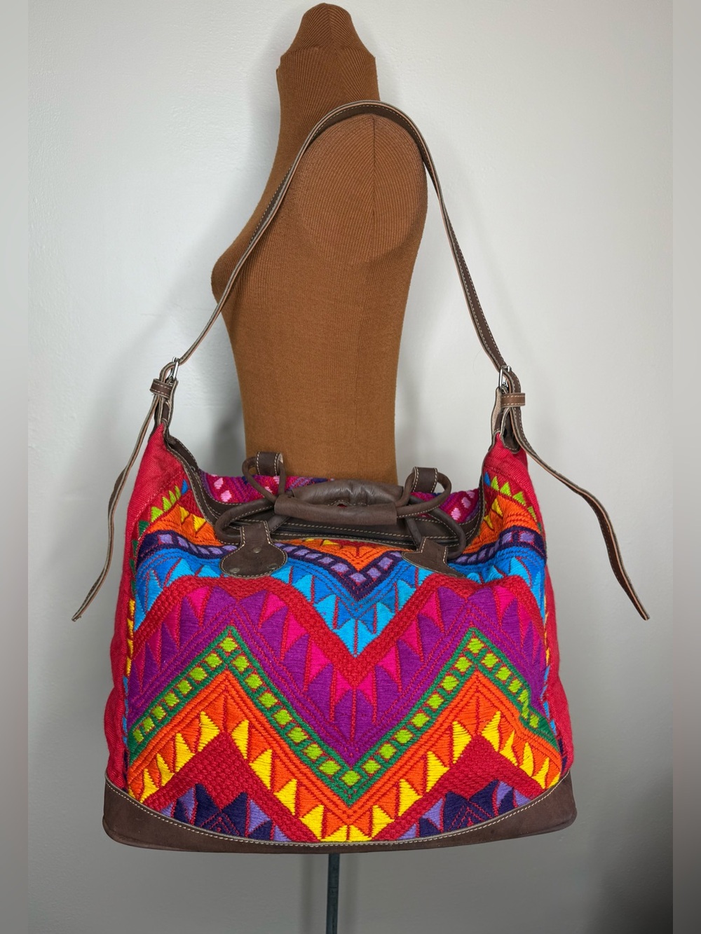 Artesanias Maya Huipil Handmade Weekender Tote Suede Leather Unique Colorful
